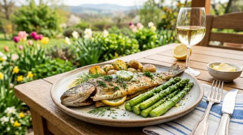 Tento pstruh na másle s koprem a chřestem chutná jako jaro v puse